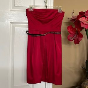 Red satin strapless dress